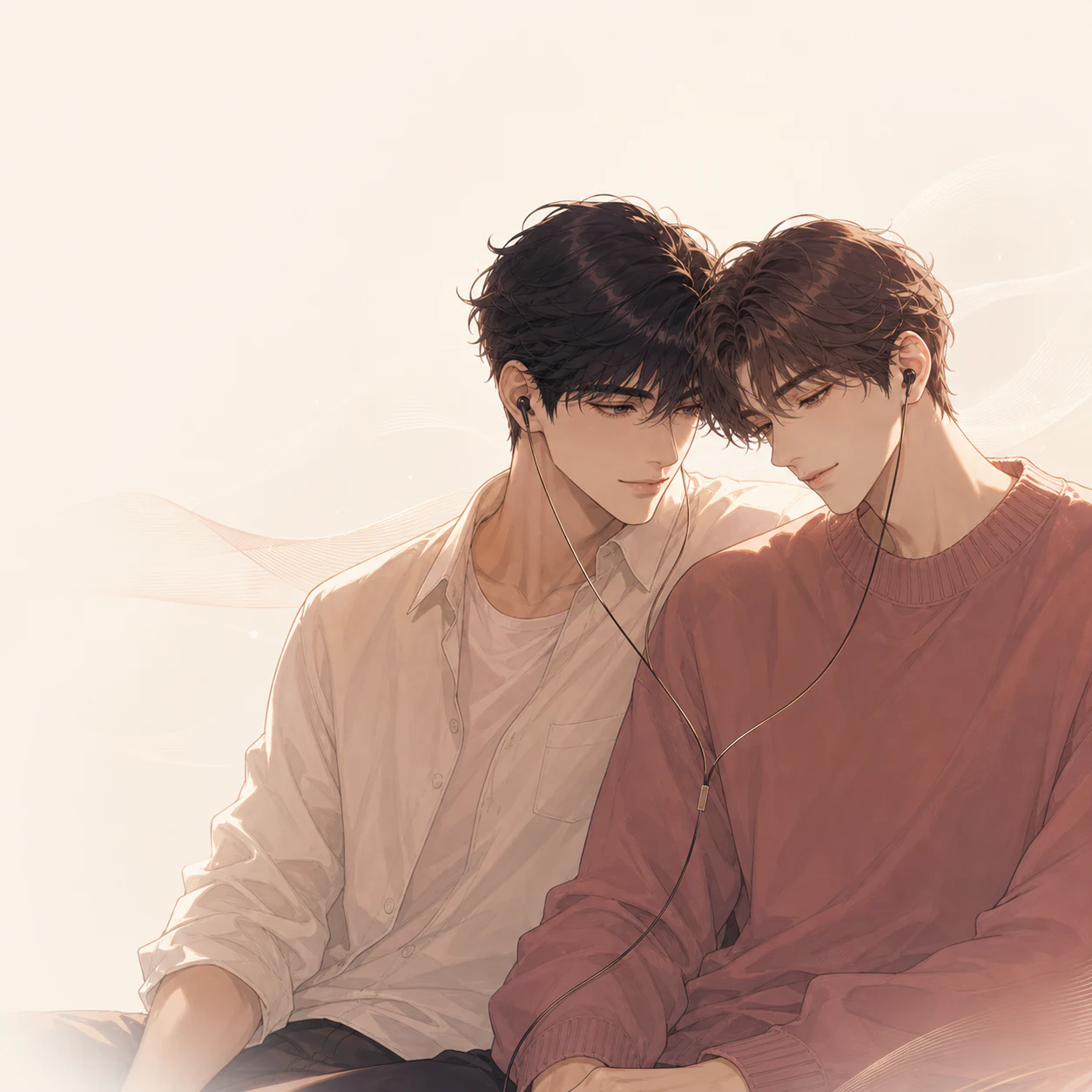 Two adult men sharing earphones in a warm illustrated listening scene